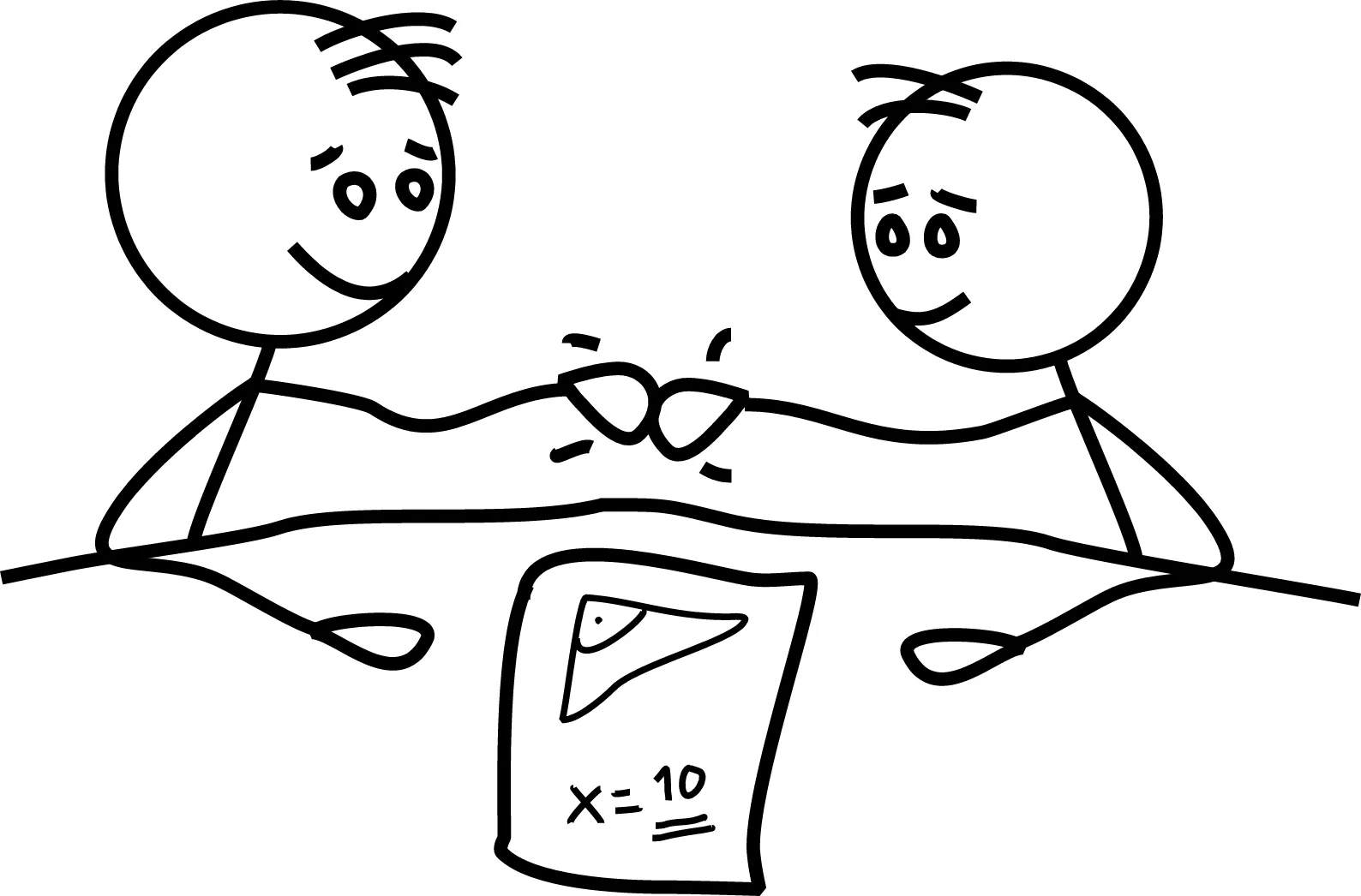 Kresba: lektor a student si ťukají pěstmi nad vyřešenou úlohou x = 10